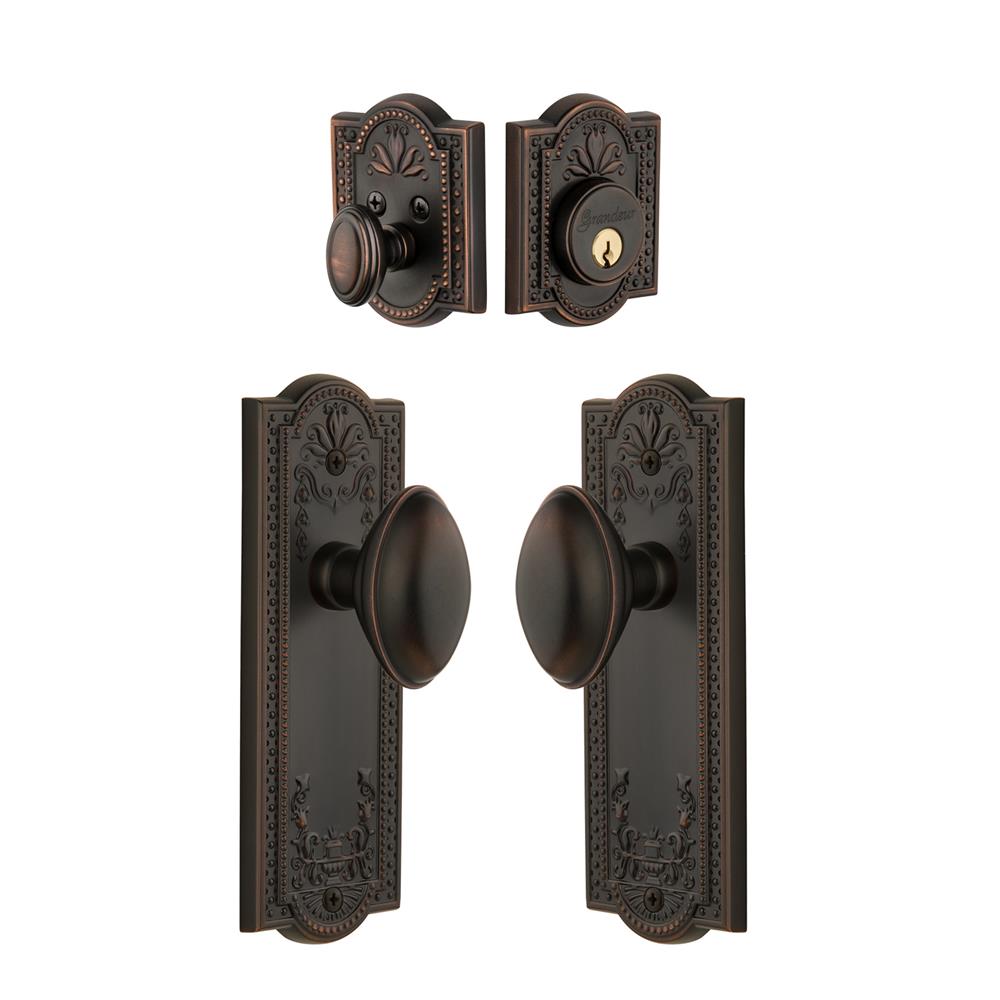 Grandeur by Nostalgic Warehouse Single Cylinder Combo Pack Keyed Differently - Parthenon Plate with Eden Prairie Knob and Matching Deadbolt in Timeless Bronze